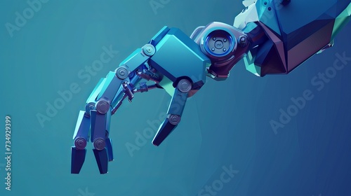Automation of low poly robotic arm assembly cars. Business industrial robotic machine welder. Auto body welding android hand polygon blue triangle geometric vector illustration 