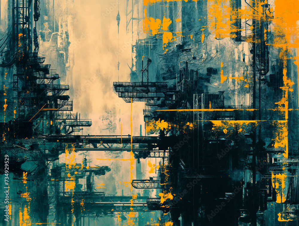 Abstract city skyline in watercolor style, oil painting, digital art print, futuristic vibe