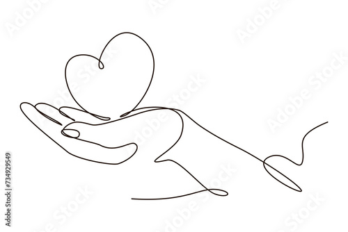 Continuous one line human arm holding heart symbol drawing. Charity donation concept in simple linear doodle style. Vector illustration with editable stroke. 