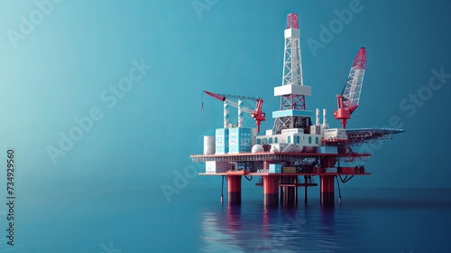 Oil rig. Isolated on blue, abstract 3D floating rig platform. Gas platform, petroleum industry, offshore drilling, refinery plant, well drilling innovation, and oilfield equipment concept photo