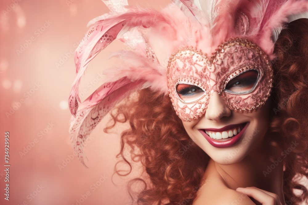 Close up portrait of happy smiling woman in carnival venetian mask on pink background