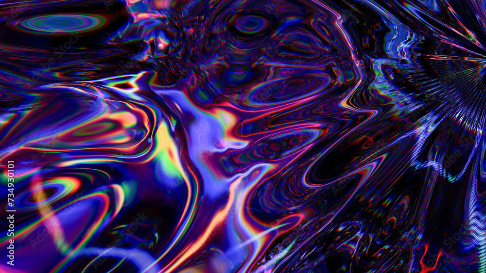 Psychedelic swirls of neon colors captured in a 3D refraction through glass, creating a hypnotic and otherworldly abstract pattern