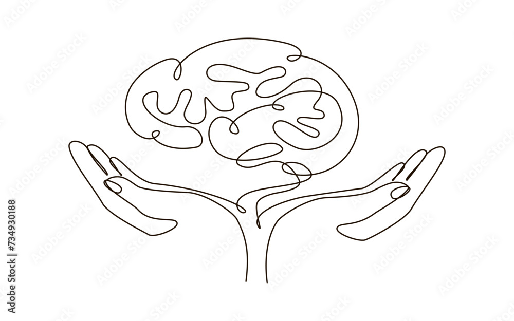 Hands with brain continuous one line symbol drawing. Mental health care ...