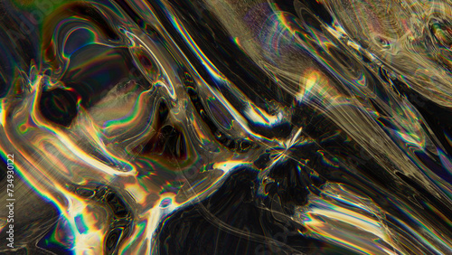 Ethereal abstract design featuring a blend of iridescent colors refracting through a 3D glass texture with a dark background