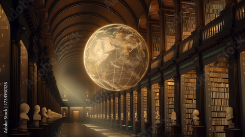 Deep within a mystical library, where shelves stretch into infinity and books whisper tales of ancient tongues, a radiant globe hovers, its surface adorned with swirling patterns representing language