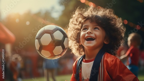 A young girl enthusiastically playing and interacting with a soccer ball.