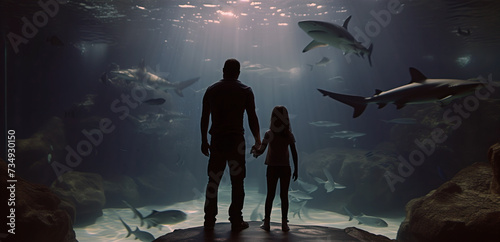 Father And Daughter Awestruck By Captivating Sharks At Aquarium © Anastasiia