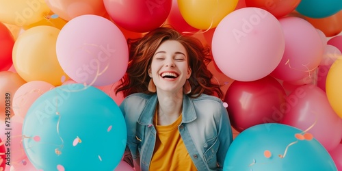 Joyful Girl Embraced By Vibrant Balloons, Inviting Imaginative Captions