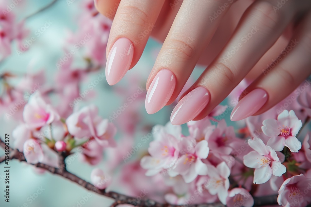 hand with perfect manicure in pastel pink color, almond shaped nails, for spring, cherry blosson, nail salon ad