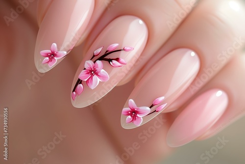 hand with perfect manicure in pastel pink color  almond shaped nails  for spring  cherry blosson  nail salon ad