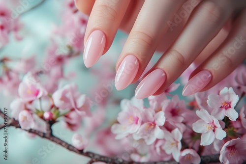 hand with perfect manicure in pastel pink color, almond shaped nails, for spring, cherry blosson, nail salon ad