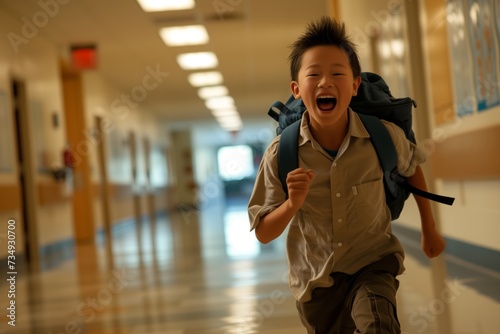 Joyful, Backpackclad Boy Dashes Through School Hallway With Exuberance