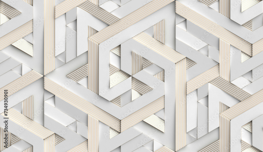 3D Wallpaper in the form of imitation decorative mosaic of white painted metal and golden stripe decor with high quality seamless realistic texture. 3D Wallpaper in the form of imitation decorative mosaic of white painted metal and golden stripe decor with high quality seamless realistic texture.