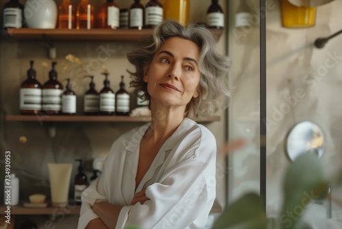 Mature Woman With Radiant Skin Stands In Bathroom, Admiring Her Morning Routine