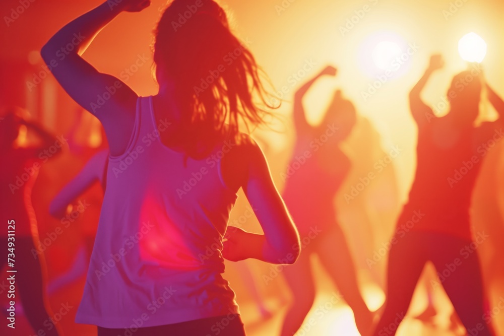 Vibrant Zumba Class With Dynamic Dancing Energy, Blurred Background, And Room For Text Vibrant Zumba Class With Dynamic Dancing Energy, Blurred Background, And Room For Text