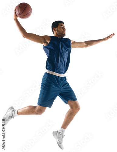 Slam dunk. Full-length image of concentrated young man, basketball player on motion scoring goal isolated on transparent background. Concept of professional sport, competition, tournament