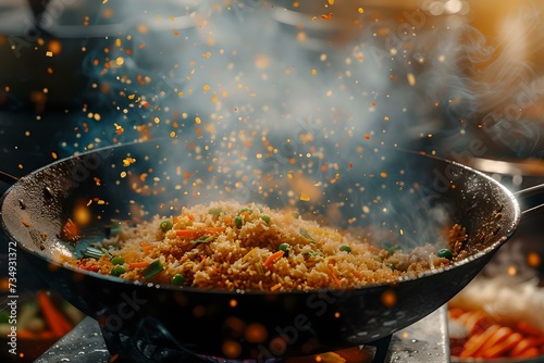 Sizzling stir-fry in a wok, vibrant vegetables tossed in heat. close-up, freeze motion capture of home cooking. perfect for food blogs and magazines. AI photo