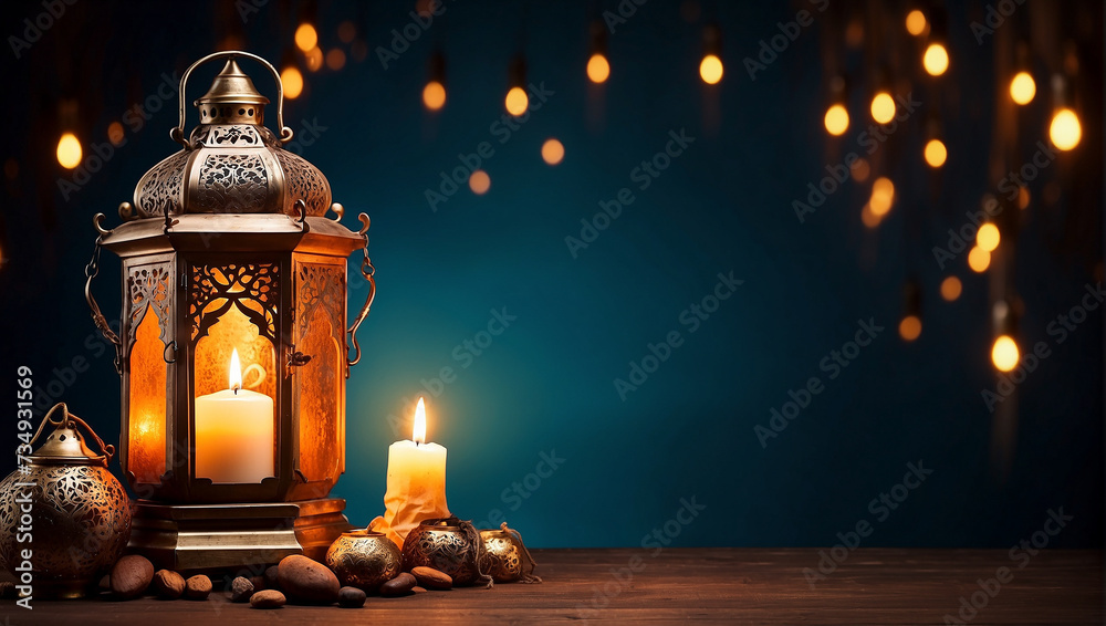 candle and lantern on lightings background - blessed month Ramadan Kareem