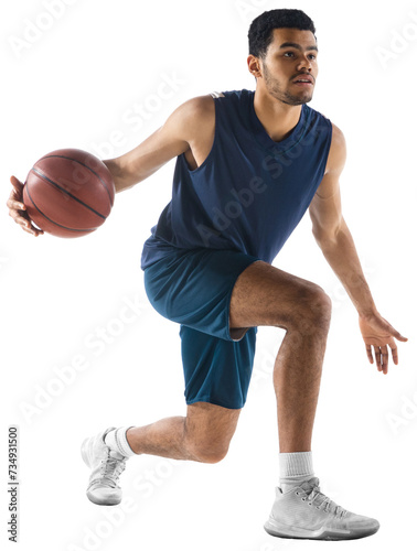 Muscular concentrated young man, basketball athlete in motion, dribbling ball, playing isolated on transparent background. Concept of professional sport, competition, tournament © master1305