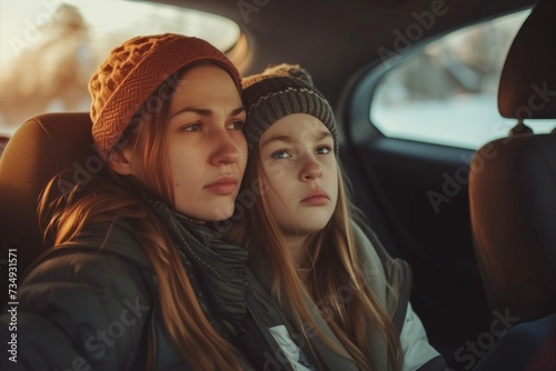 Anxious Mother In Car With Daughter, Displaying Concern And Discomfort photo