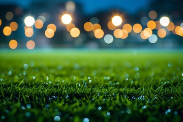 The Title Could Be Changed To: "In The Blurred Background: Lush Green Grass Field With A Stadium And Vibrant Flood Lights