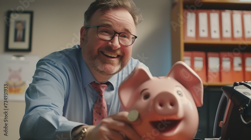 Smiling man with piggy bank imagining savings, financial planning in an office setting. practical financial advice. AI