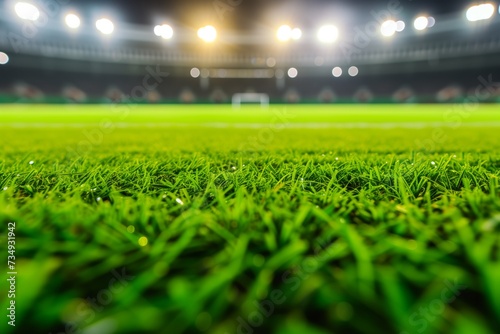 Vibrant Green Grass Field With Stadium And Flood Lights In Blurred Background
