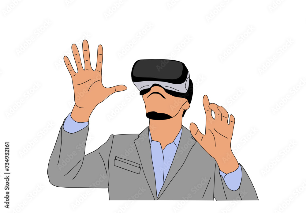 Business Man using virtual reality headset. Modern guy in formal suit and futuristic Virtual Reality glasses. Hand drawn colorful vector illustration of person isolated on transparent background.