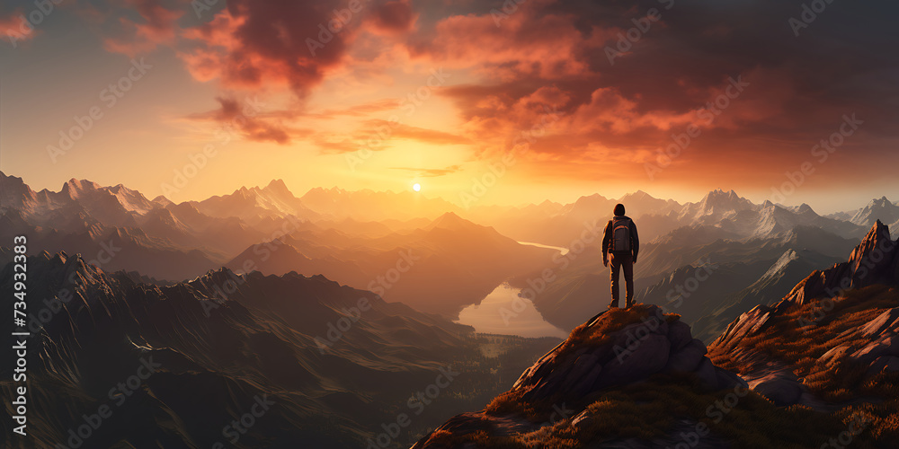 Man standing on the edge of the cliff and looking at the mountains