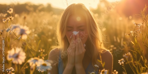 Woman Suffering From Hay Fever Sneezes Amidst Meadow, Signaling The Arrival Of Spring Allergies