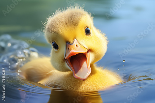 A cute duckling swimming on water. This adorable image captures the innocence and charm of young waterfowl, perfect for illustrating themes of nature, childhood, or tranquility