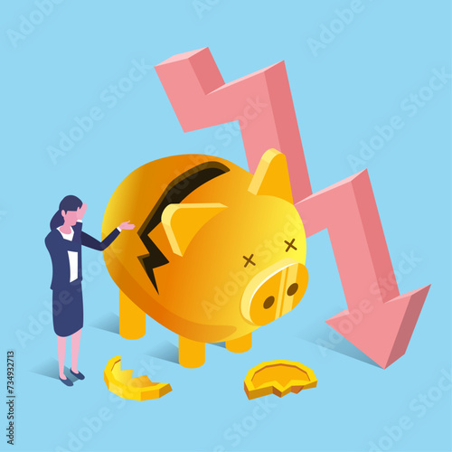 recession concept,business graph on the laptop with pig bank