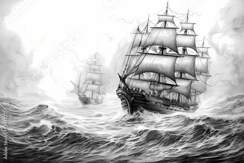 Ancient sailing ships navigating through stormy seas, line drawing, no background, no detail, no color.