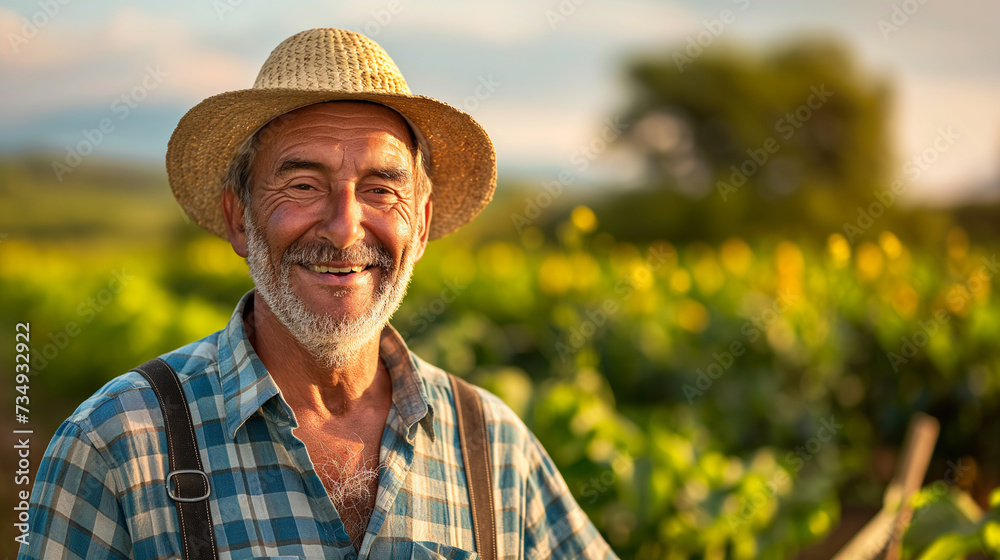 Aged Farmer with a Warm Smile in the Sunlit Fields
