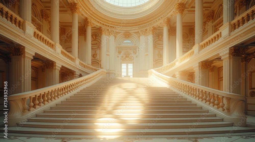 Grand Staircase in a Classical Museum: A majestic staircase within a classical museum, featuring intricate architectural details and a sense of grandeur - obrazy, fototapety, plakaty 