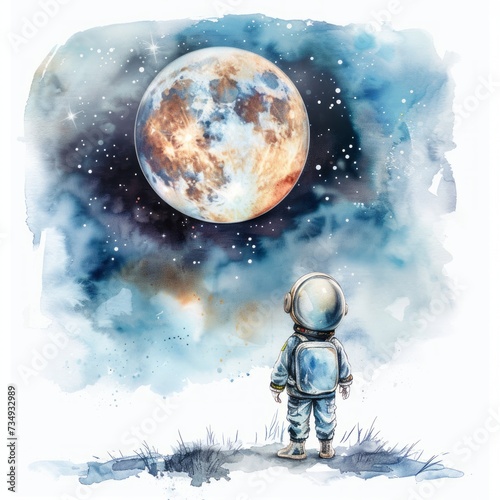 Kind Astronaut Mond Beobachtung Aquarell Weltraum Erkundung Illustration Großer Planet Nacht Sternenhimmel Fantasie Kunst Kinderzimmer Dekoration photo