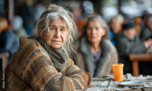 Positive elderly  homeless woman , a homeless cafe. Urban poverty and hunger concept. Street lifestyle and survival. photo