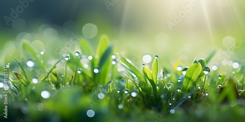 Morning dew on the green grass. Natural background. Soft focus.