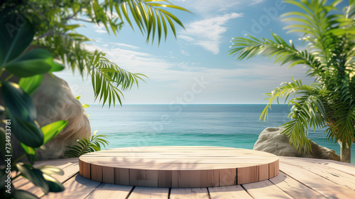 Summer product display on the wooden podium at sea tropical beach.  © WARIT_S