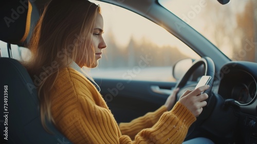 Reckless driving concept   young woman dangerously using smartphone while operating vehicle