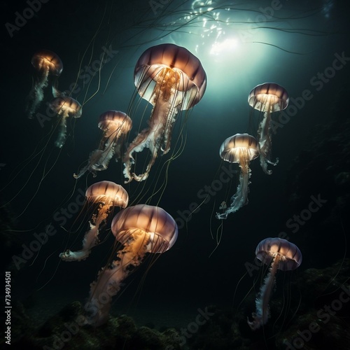  Jelly fish with bio luminous on the outside and orange bio luminous on this inside, c4d redshift render style, hyper realistic, detail texture, close shot