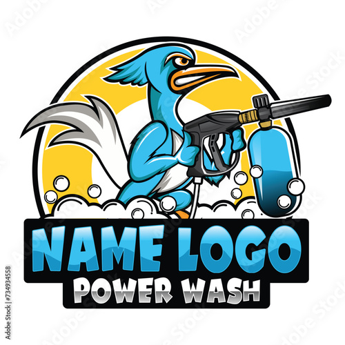 Power washing bird character mascot logo vector illustration. Roadrunner bird holding a high pressure water gun. Modern roadrunner bird logo