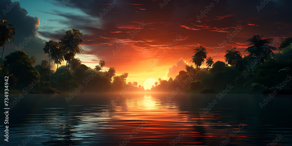 Beautiful sunset over the sea and palm trees. 3d render