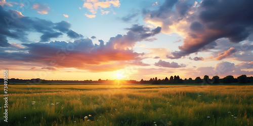 Sunset over a meadow with grass and flowers in the foreground © Graphicsstudio 5