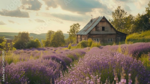 A rustic wooden mill standing against the backdrop of a bright blooming lavender field