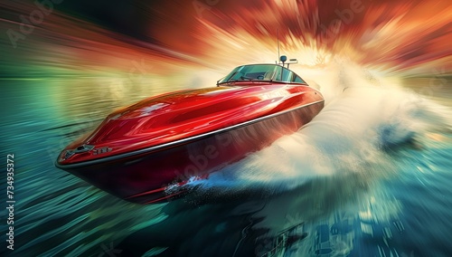 High-speed red powerboat racing on water with dynamic motion blur effect. speed, power, and excitement. fast water transport. AI photo