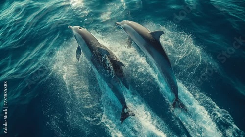 With graceful swimming movements and agile body folding, dolphins present a captivating marine spectacle in the beautiful ocean. photo