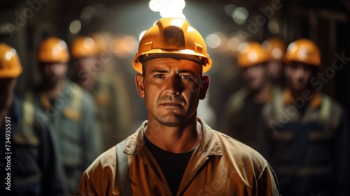a man is standing in front of group of workers in a tunnel