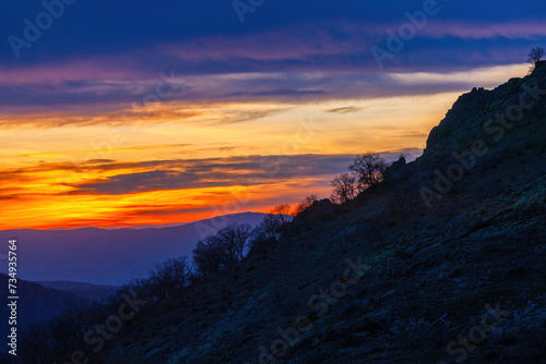 Beautiful natural landscape on sunset with mountains