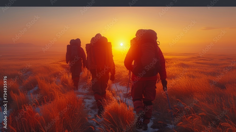 Sporty people walk in mountains at sunset with backpacks. Altai mountains, Siberia, Russia.